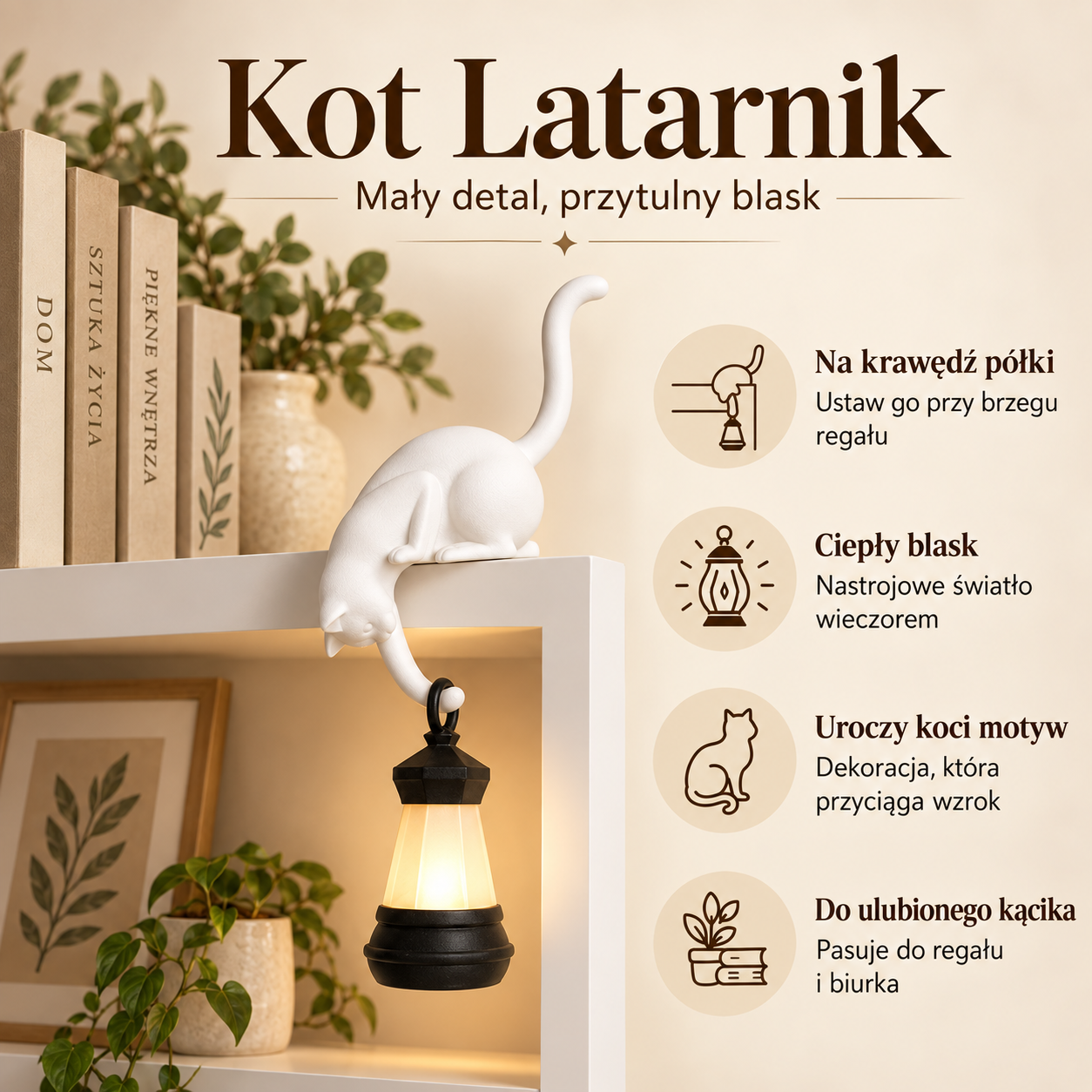 Kot Latarnik i najważniejsze zalety dekoracji z ciepłym światłem